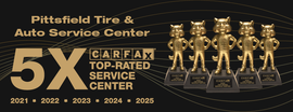 Pittsfield Tire & Auto Service Center 5x Carfax Top-Rated Service Center award graphic with five gold trophies and years 2021-2025