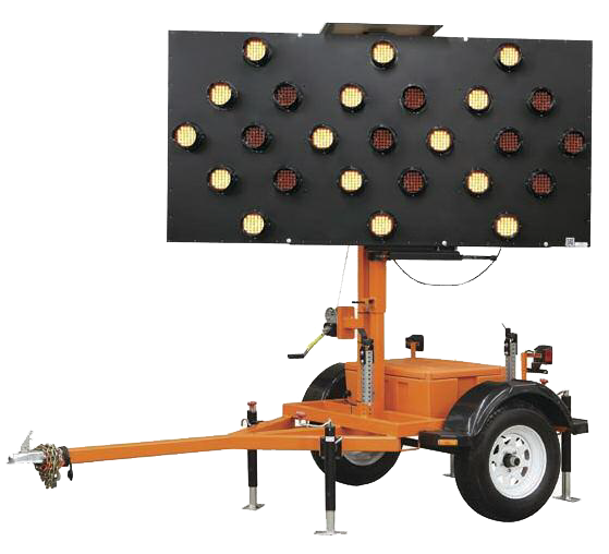 A trailer with a large arrow sign on it