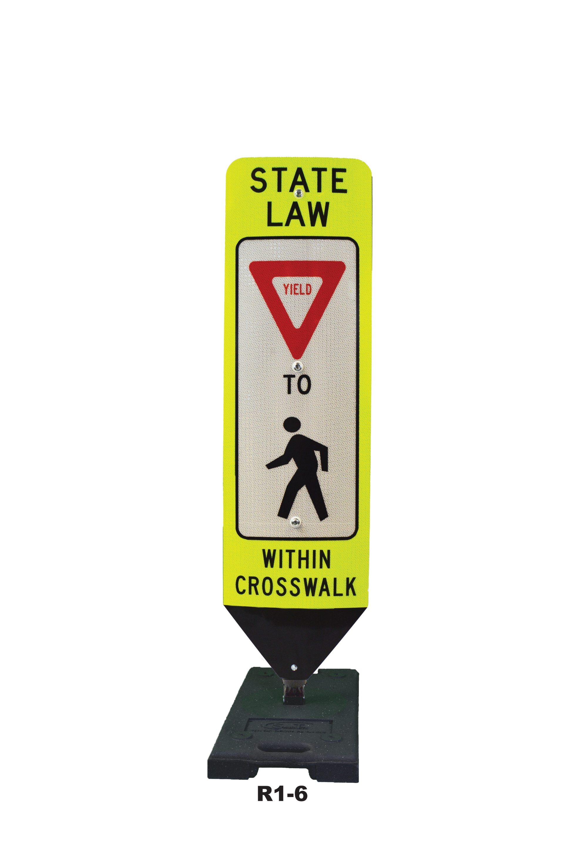 A yellow sign that says state law within crosswalk