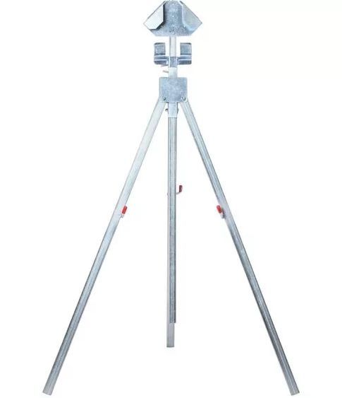 A metal tripod with three legs on a white background