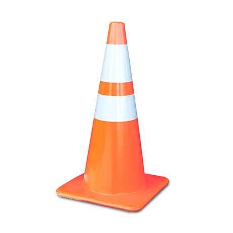 An orange and white traffic cone on a white background
