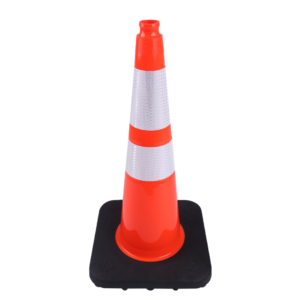 An orange and white traffic cone with a black base