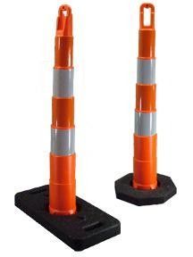 A pair of orange and white traffic cones on a black base.