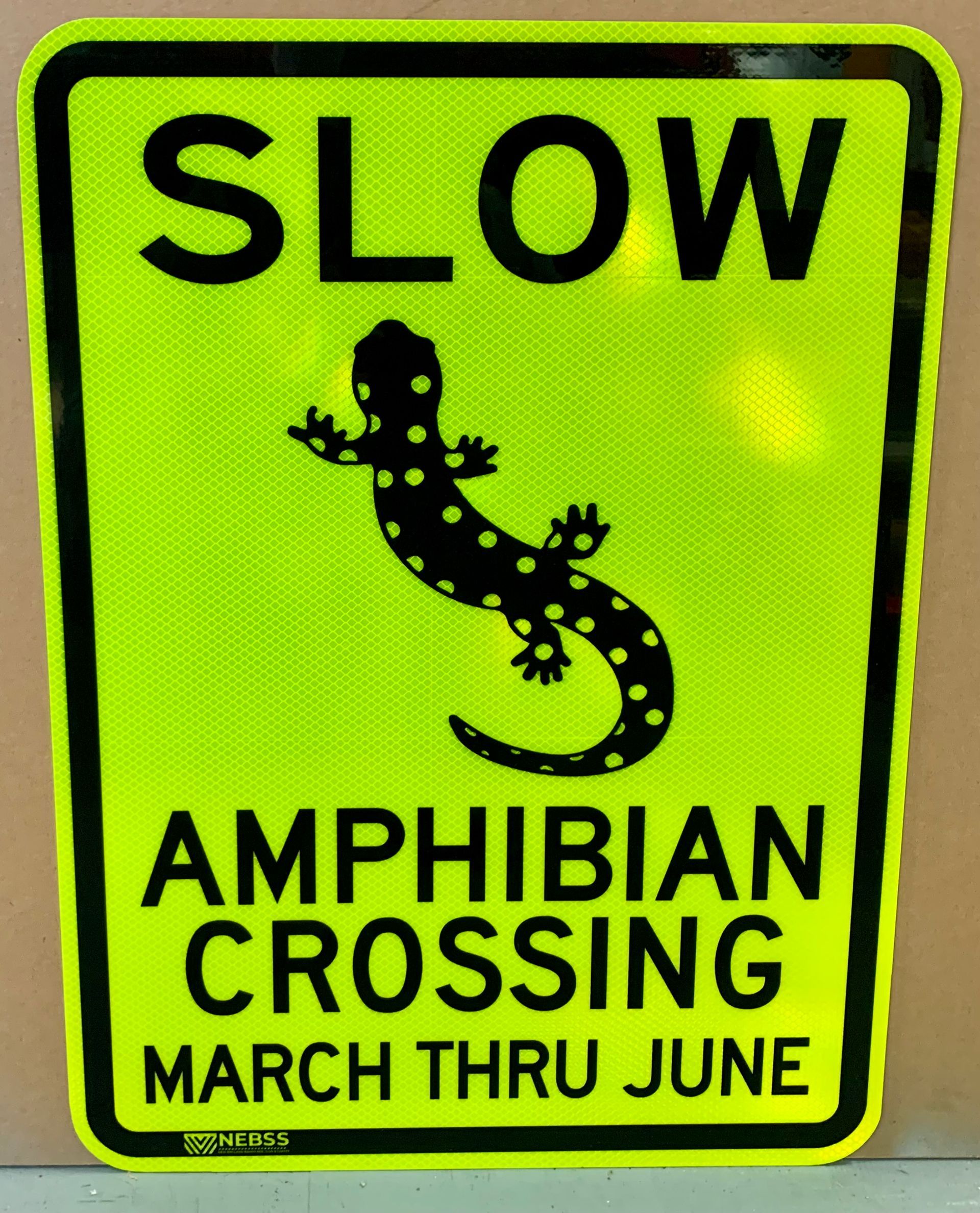 A yellow sign that says slow amphibian crossing march thru june