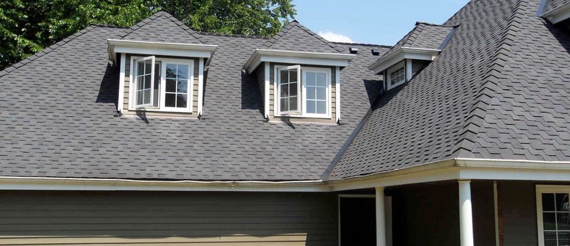 A house with a gray roof and white windows