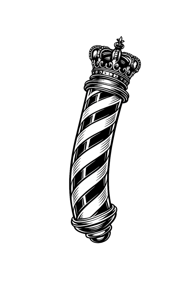 Barber pole with black and white stripes, topped with a crown.