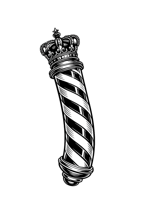 Barber pole, black and white striped, with a crown at the top.