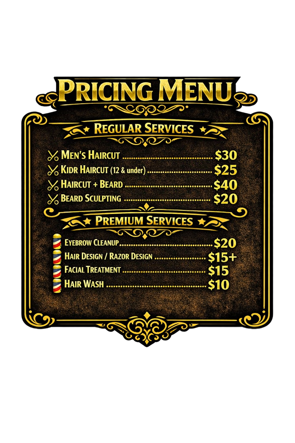 Pricing menu for barber services: haircuts, beard sculpting, and facial treatments.
