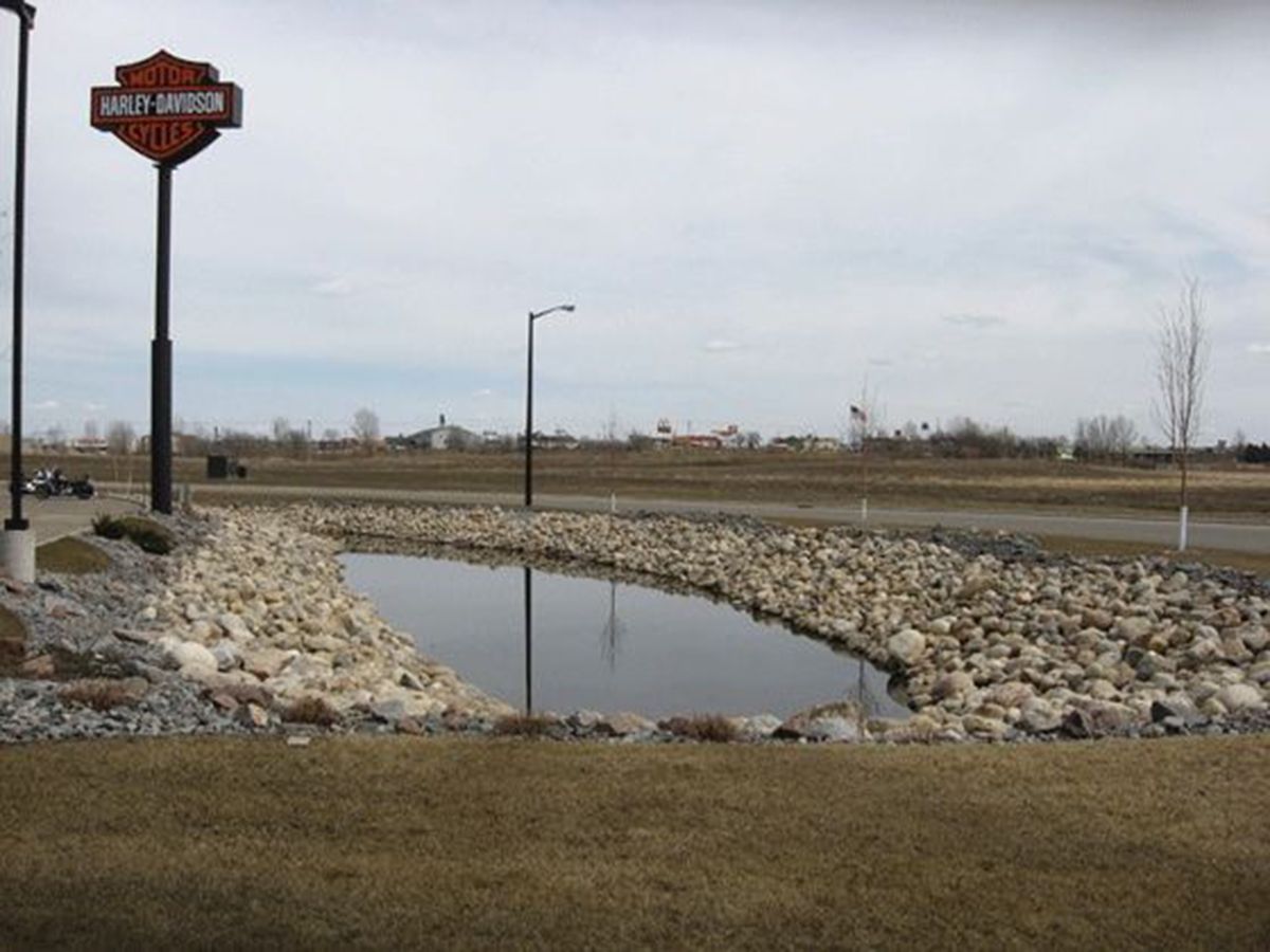 a pond with stone edging