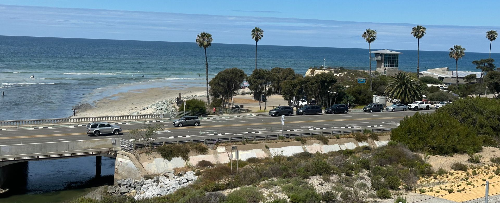 Cardiff State Beach lifeguard tower overlooking the Pacific Ocean in Cardiff-by-the-Sea, California