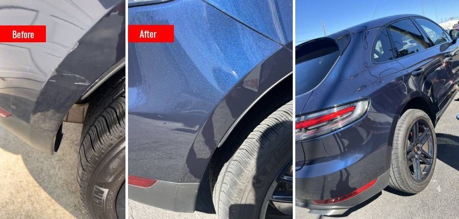 a collage of three pictures of a car before and after being damaged