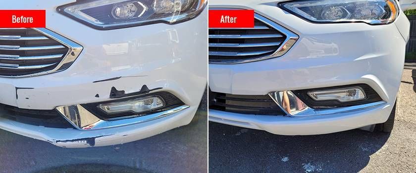 a before and after photo of a white car with a damaged bumper