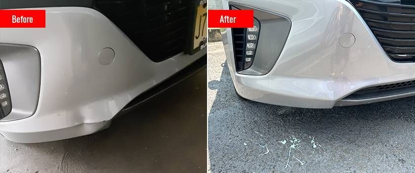 a before and after picture of a car bumper