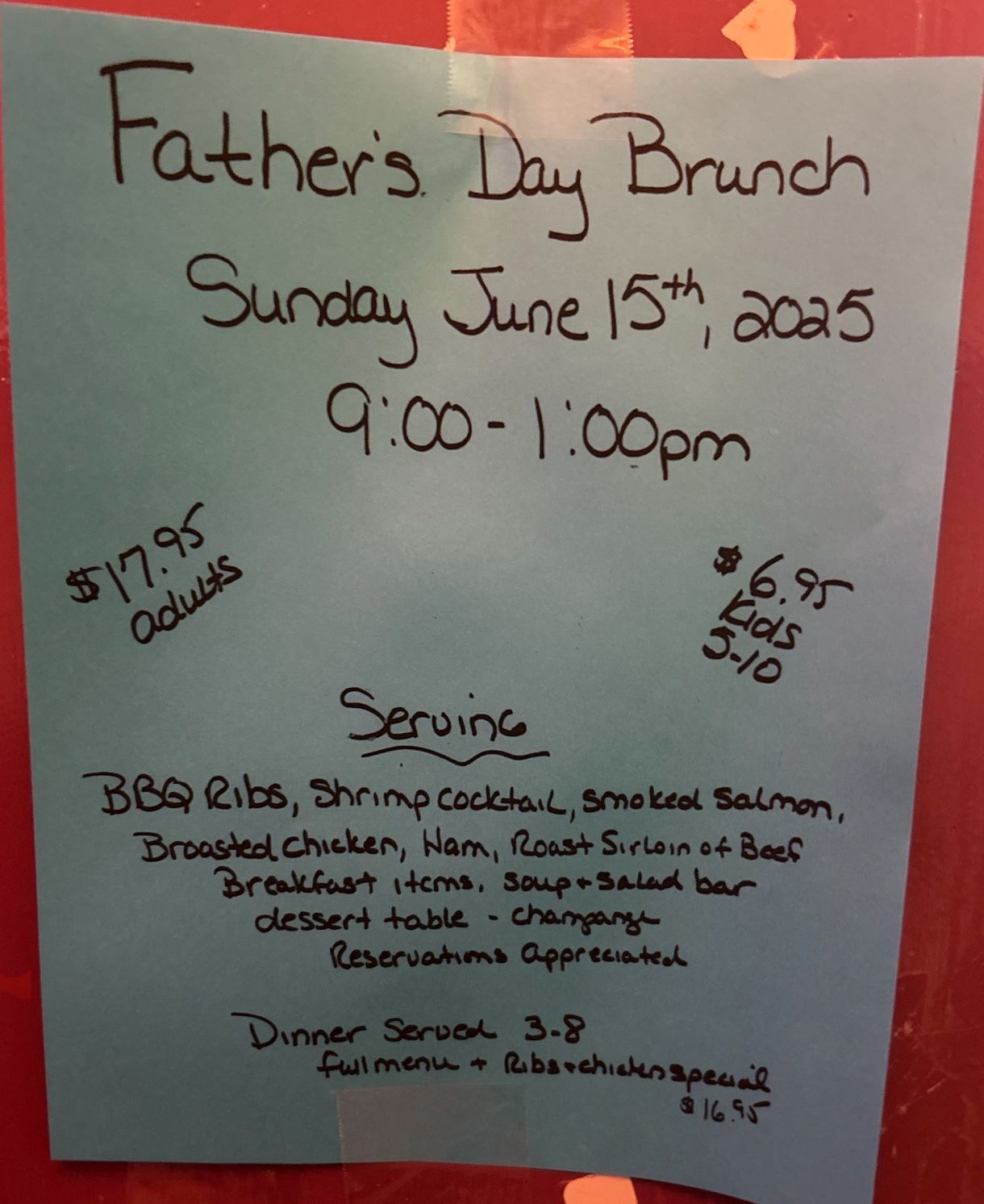 A paper that says Father's Day brunch on it