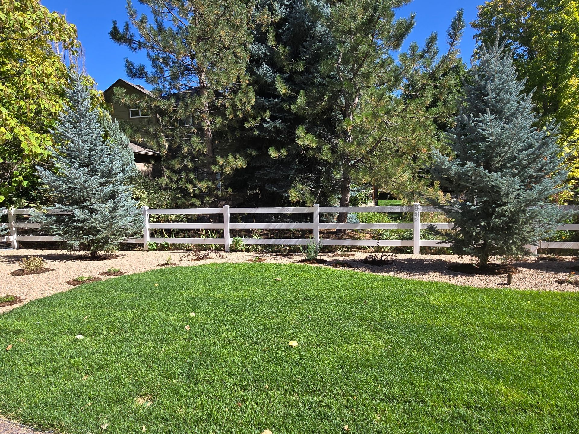 A white fence surrounds a lush green yard with trees in the background