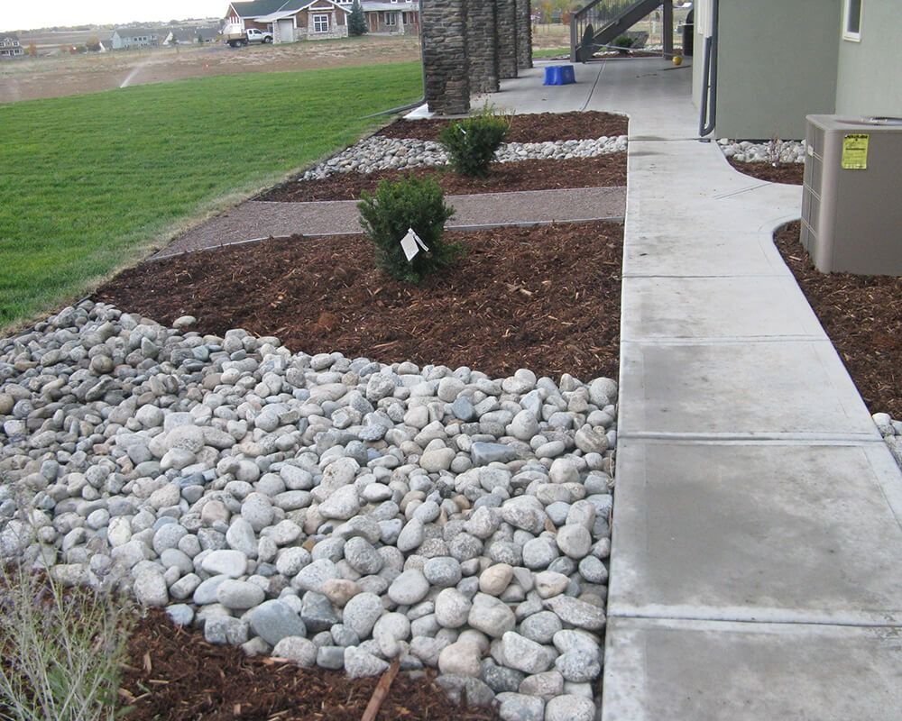 A concrete walkway surrounded by rocks and mulch