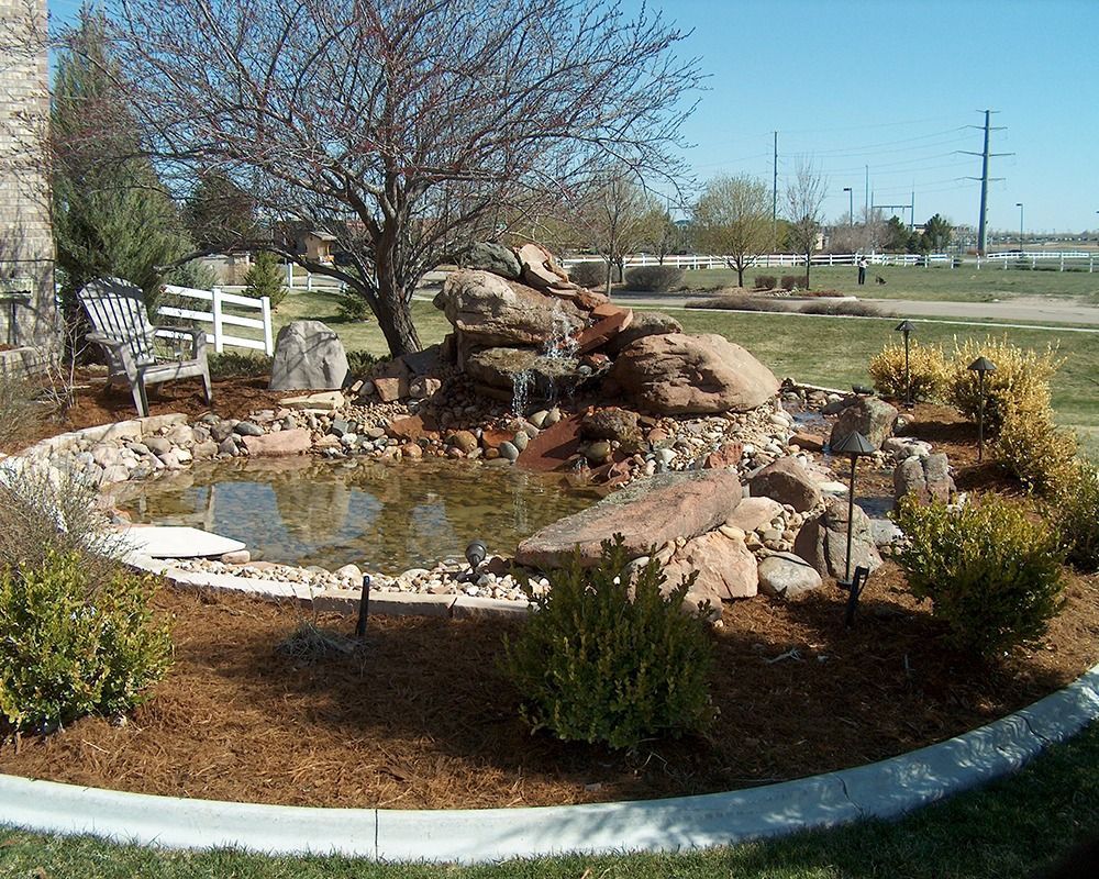 A pond surrounded by rocks and bushes with a white fence in the background