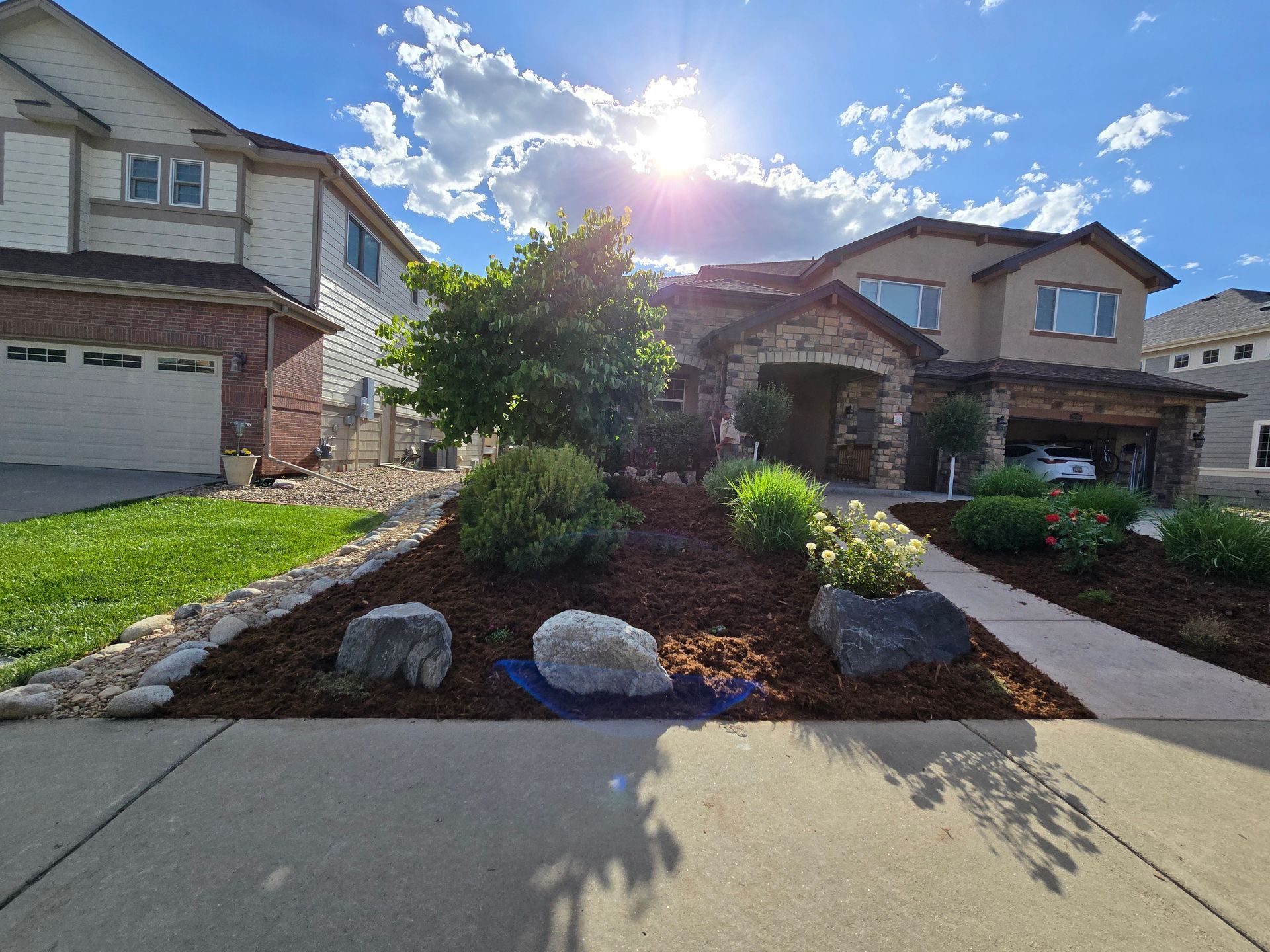 A house with a lot of plants and rocks in front of it.