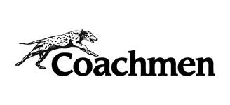 Black logo of a running hound above the word “Coachmen” in bold serif text.