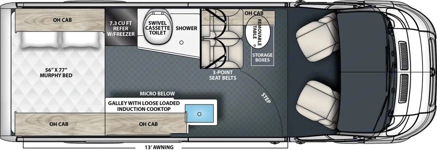 Top-down floor plan of a beige RV interior with seating, bed, kitchenette, and bathroom.
