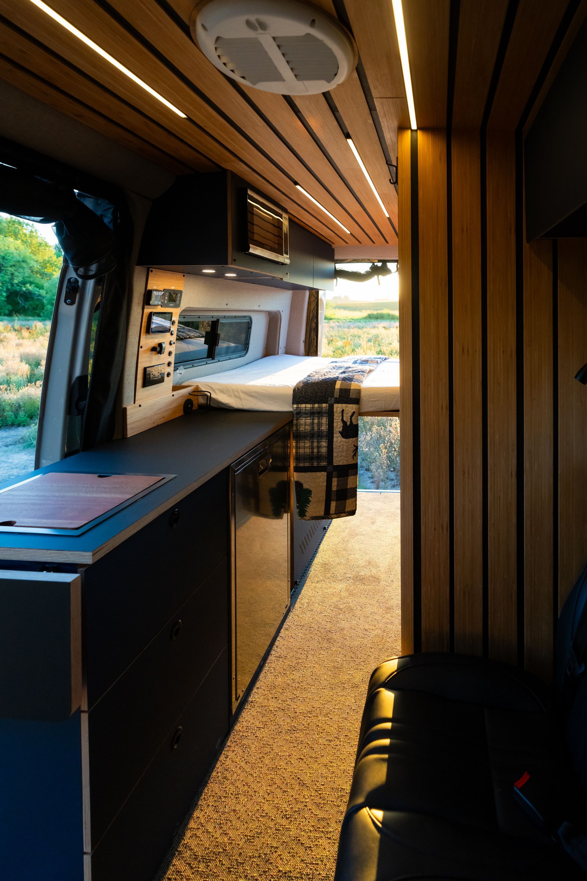 Modern camper van interior with wood paneling, kitchenette, and open sliding door to greenery outside