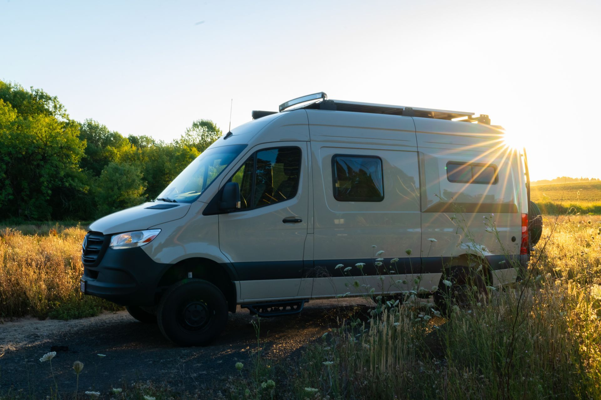 White camper van on a dirt path at sunset beside tall grass and trees