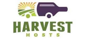 Harvest Hosts logo with green truck and sunrise over fields.