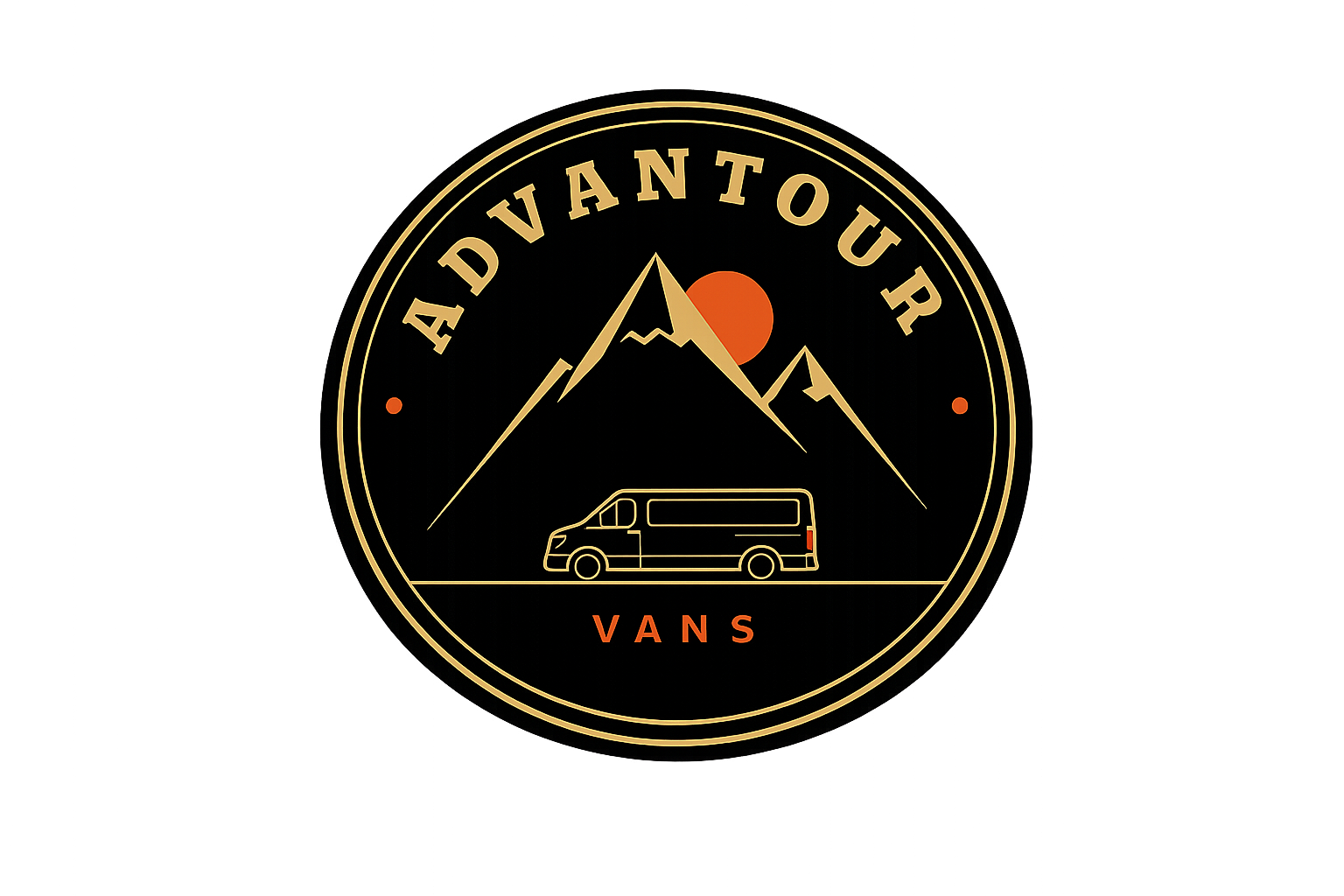 Advantour Vans logo with mountains, sun, and a van in gold on a black circular badge