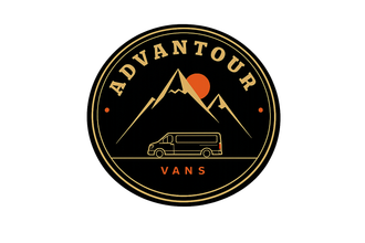Advantour Vans logo with mountains, sun, and a van in gold on a black circular badge