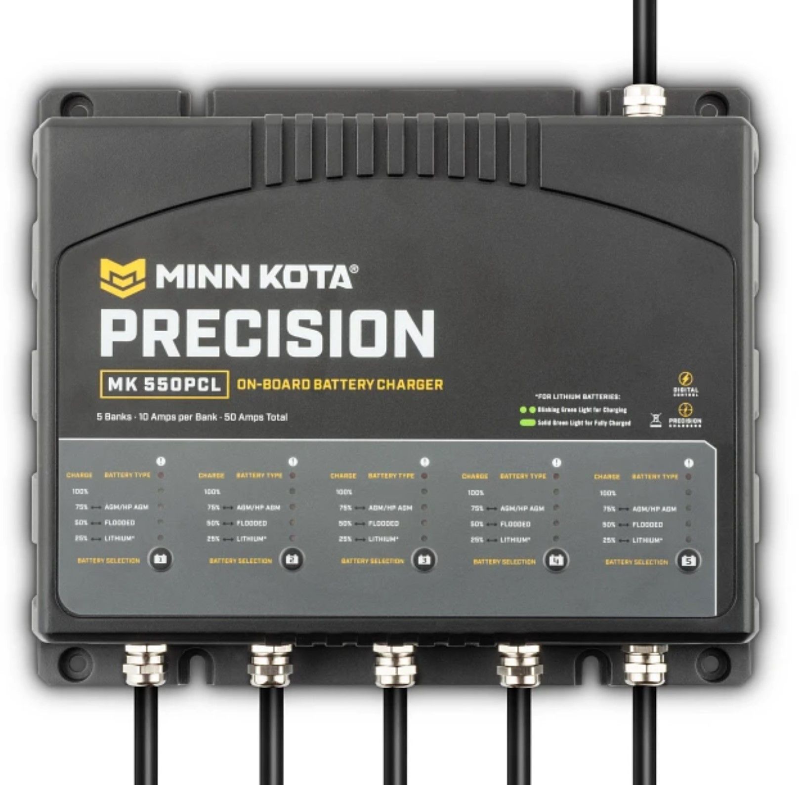 Minn Kota Precision MK 550PCL onboard marine battery charger used for charging multiple boat batteries