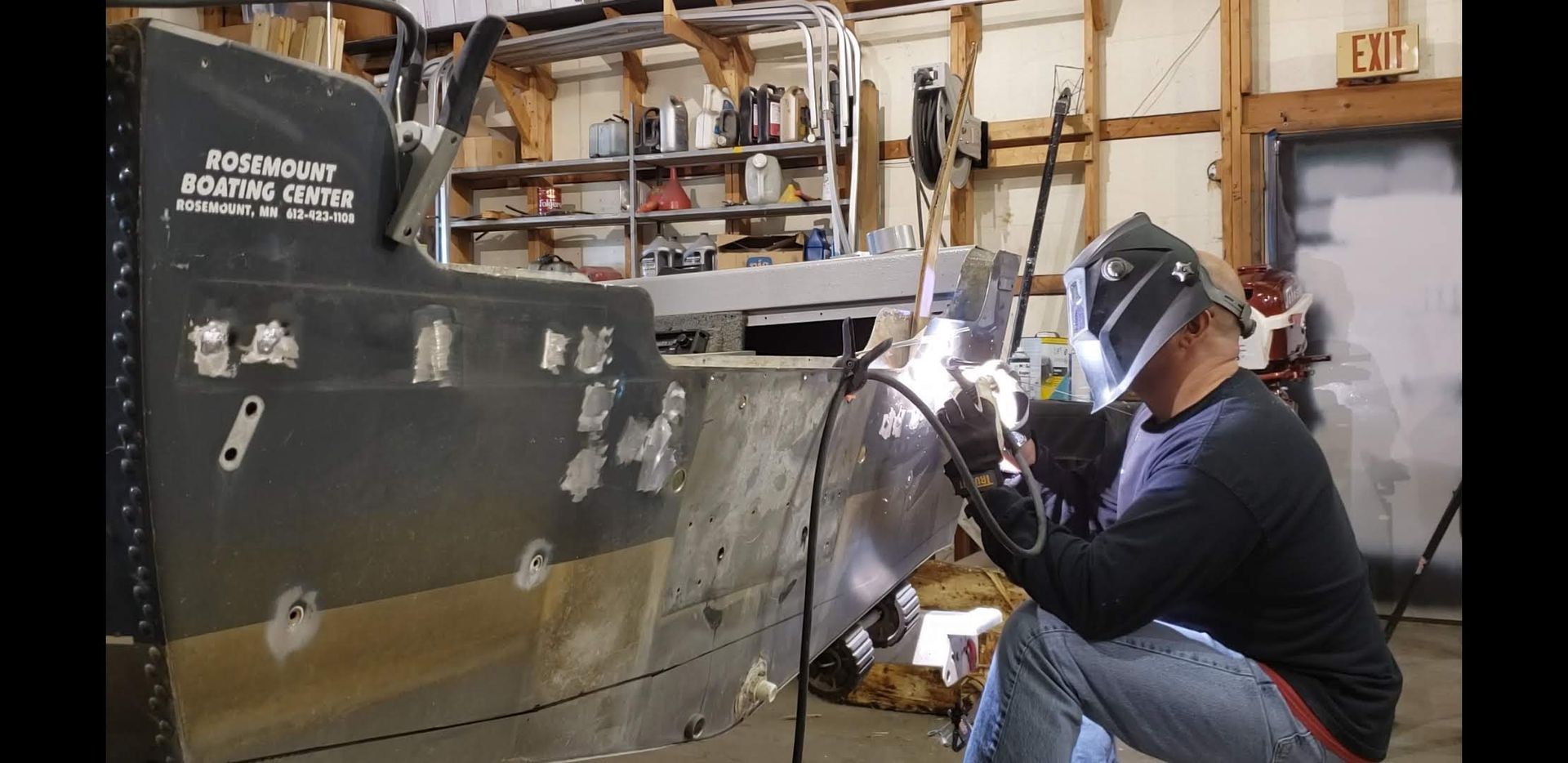 Aluminum boat transom welding repair and reinforcement by Anchor Marine in Menomonie Wisconsin serving Eau Claire Lake Tainter and Lake Menomin area
