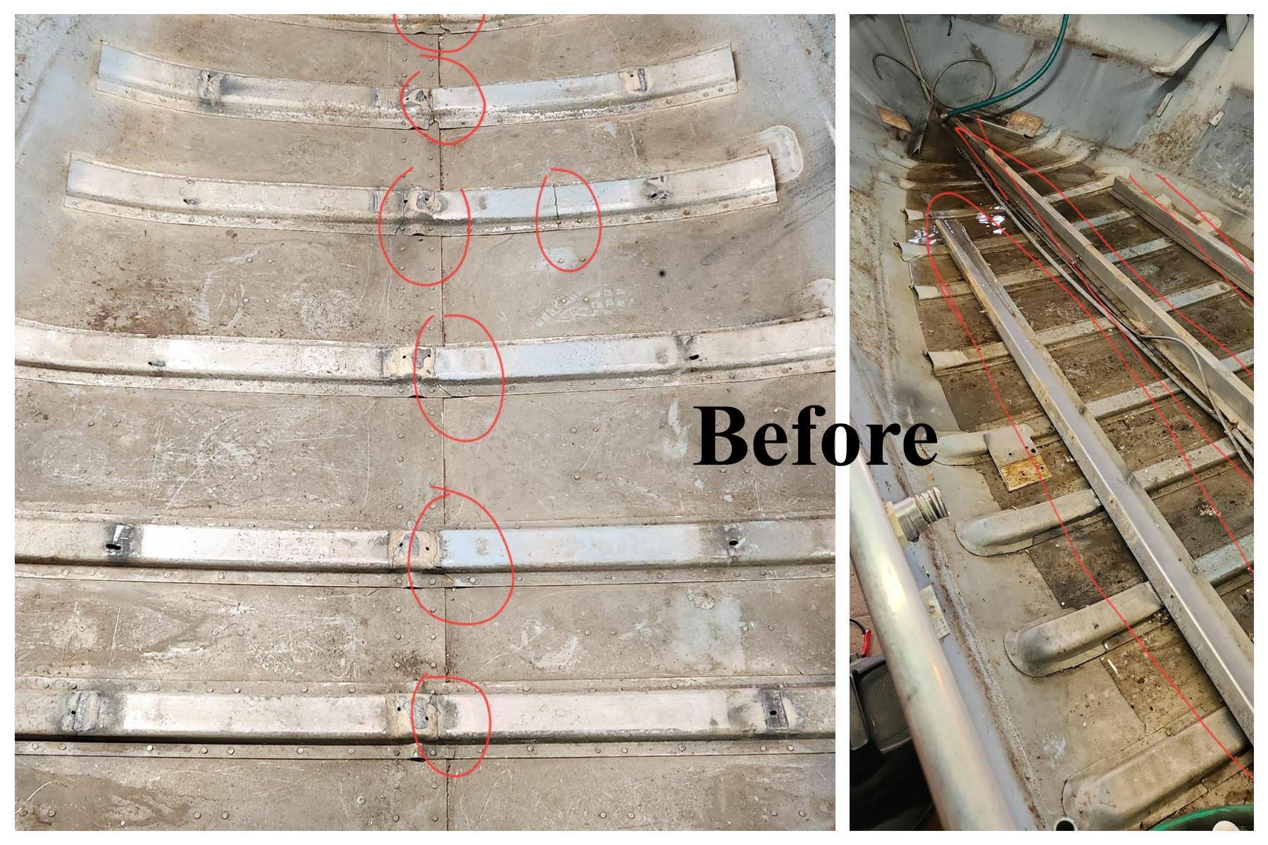 Fishing boat floor support and stringer damage before aluminum structural repair in Menomonie WI by Anchor Marine