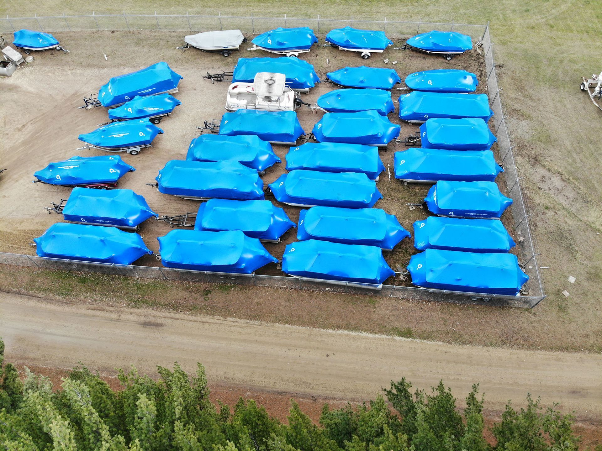 A bunch of blue tarps are lined up in a field