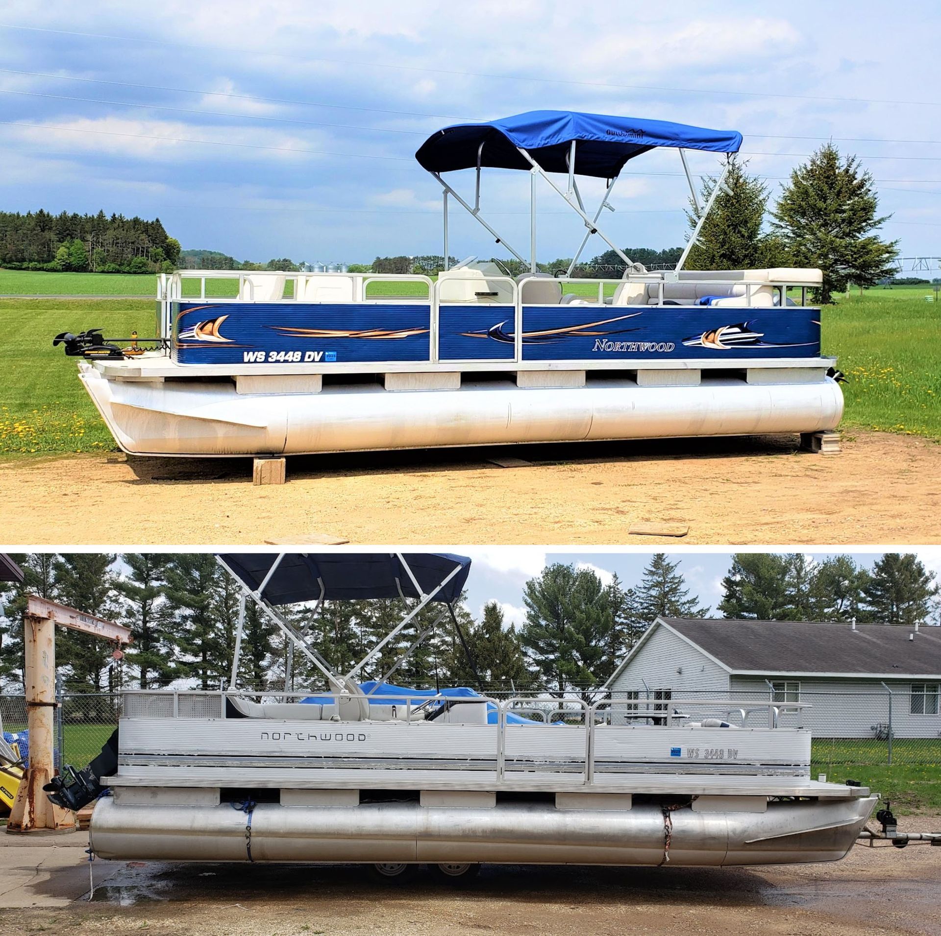 A pontoon boat with a blue canopy sits in a field