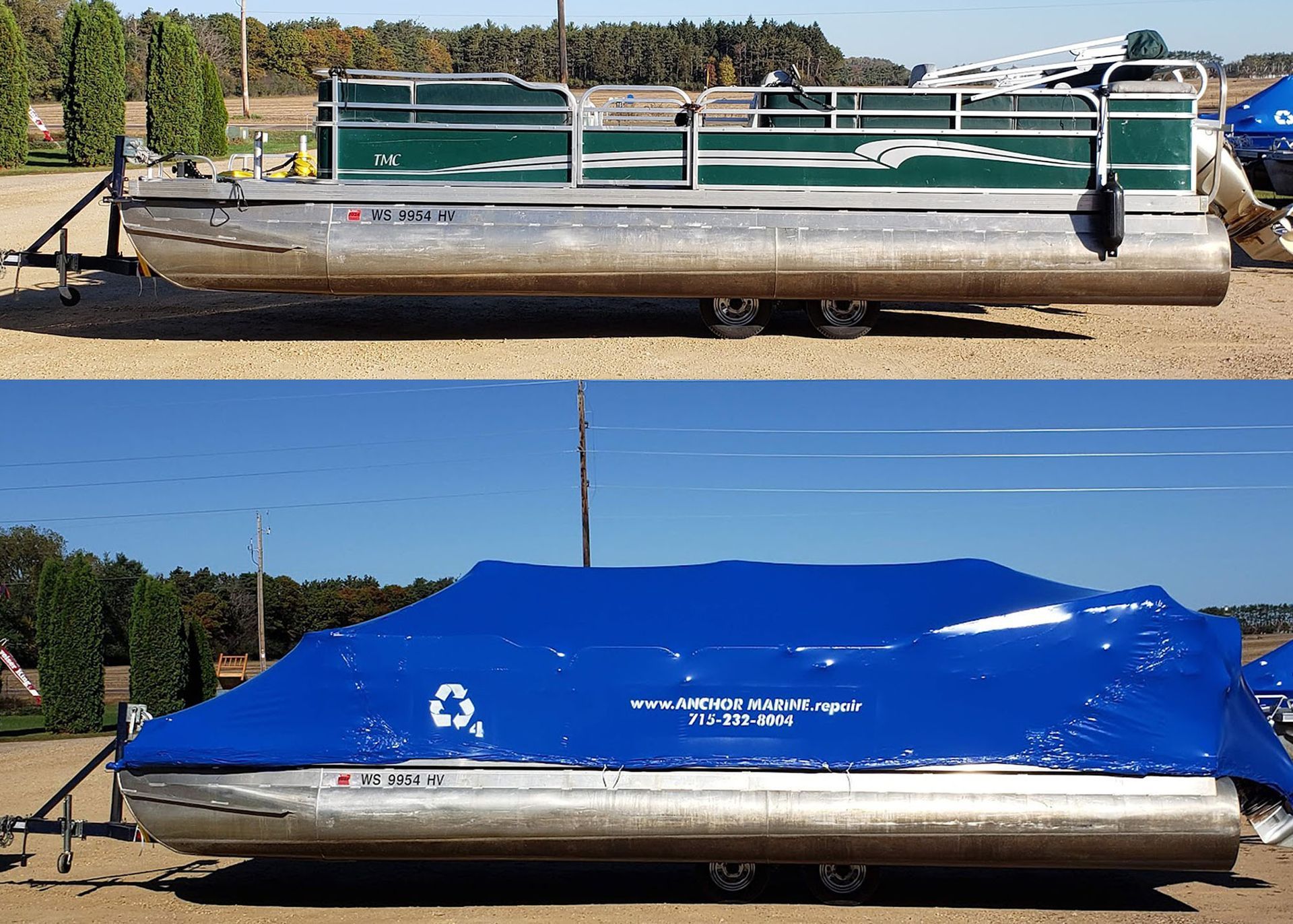 A pontoon boat with a blue cover on it
