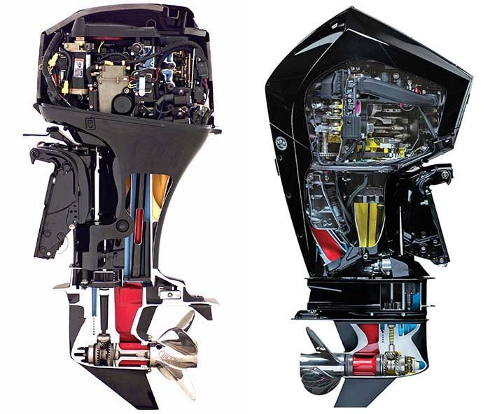Two different types of outboard motors are shown side by side
