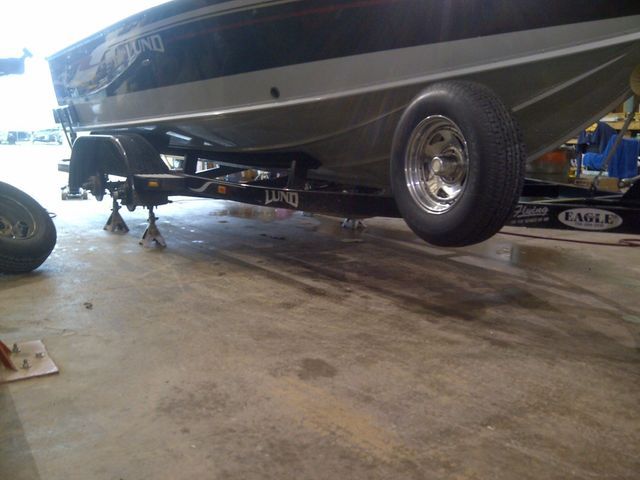 A boat on a trailer that says lund on it