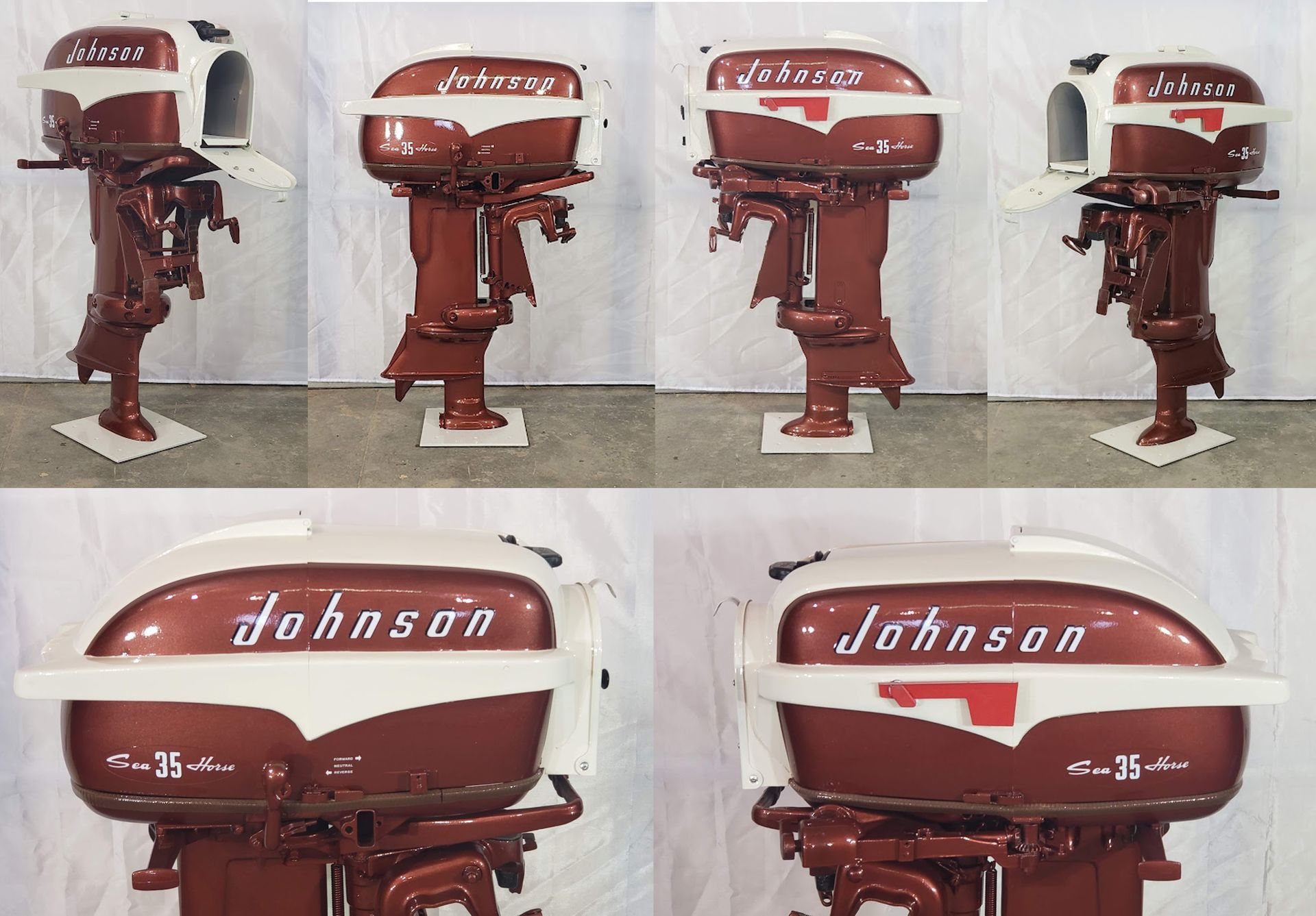 Vintage Johnson Seahorse 35 hp outboard restoration completed at Anchor Marine boat repair shop in Menomonie Wisconsin