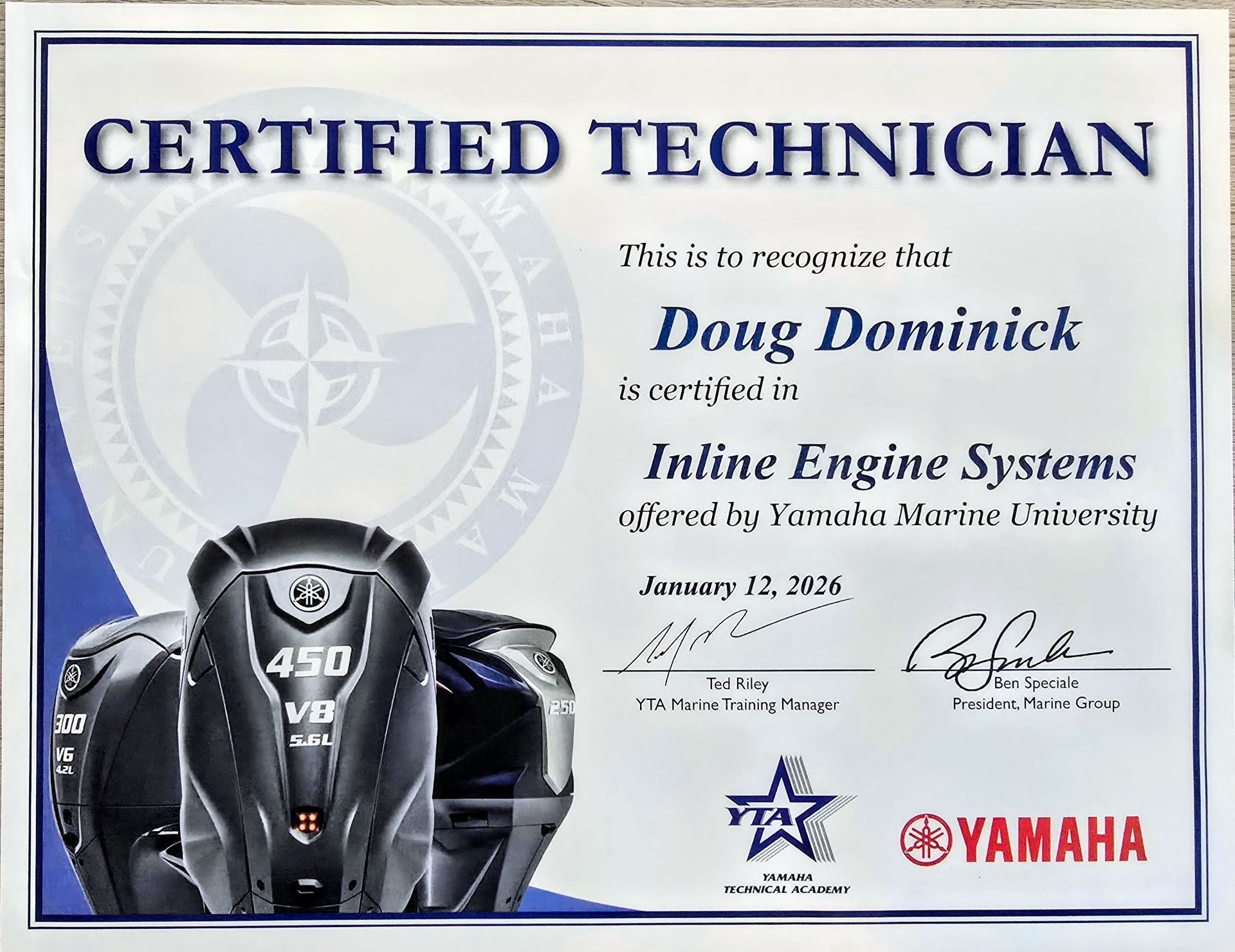 Certificate for Doug Dominick, certified in Inline Engine Systems by Yamaha Marine University, with an engine image.