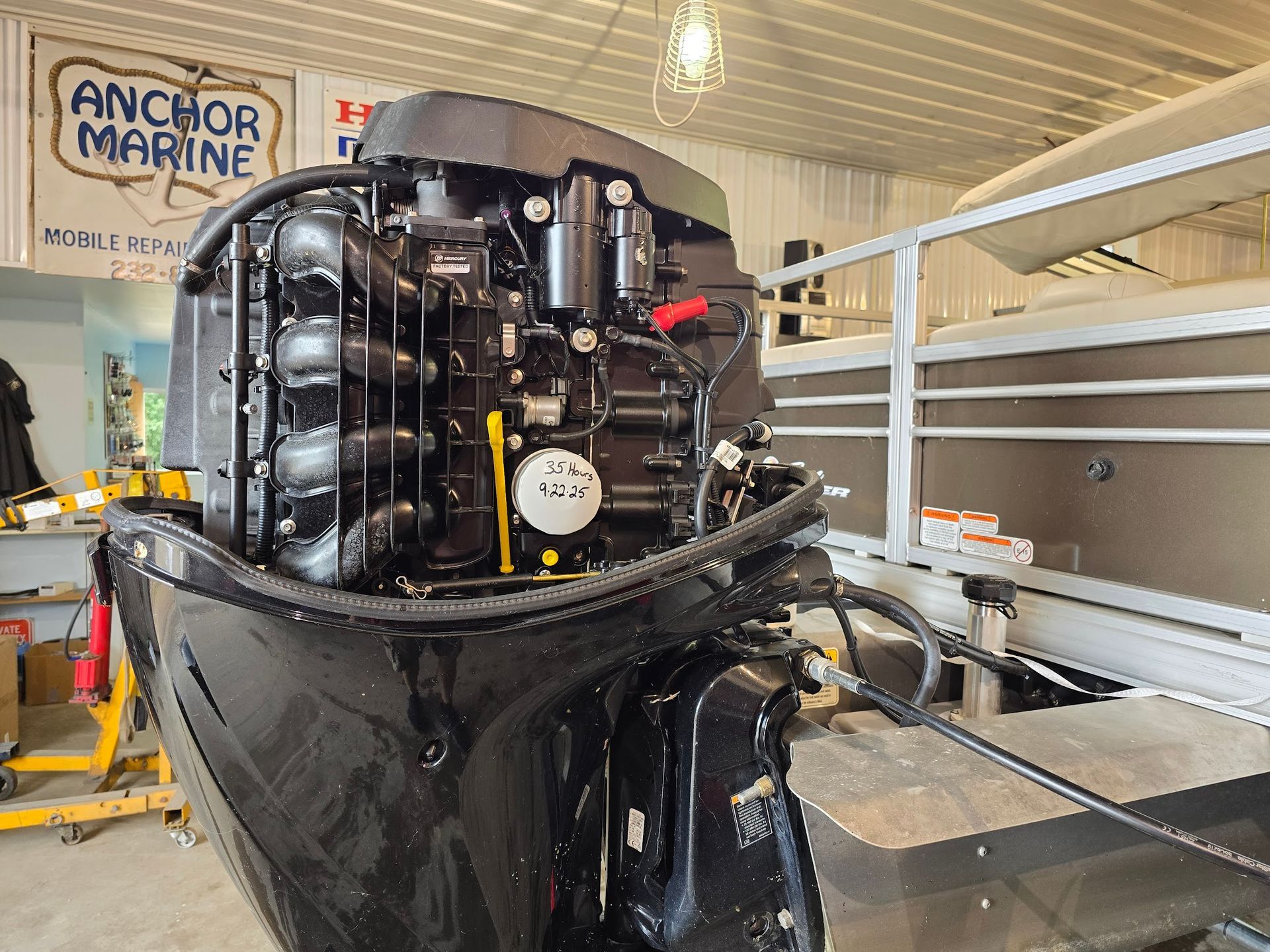 Mercury outboard motor after winterization service at Anchor Marine in Menomonie Wisconsin serving boat owners from Eau Claire and the Chippewa Valley