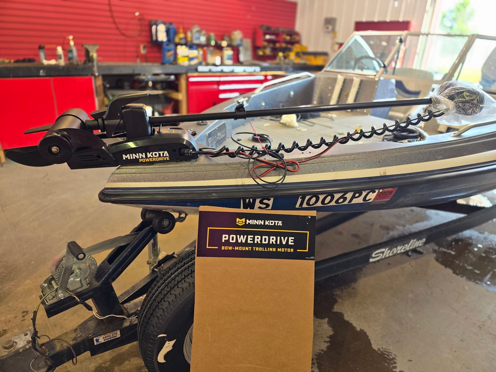 Minn Kota PowerDrive bow mount trolling motor sold and installed by Anchor Marine boat repair shop in Menomonie Wisconsin serving the Eau Claire area