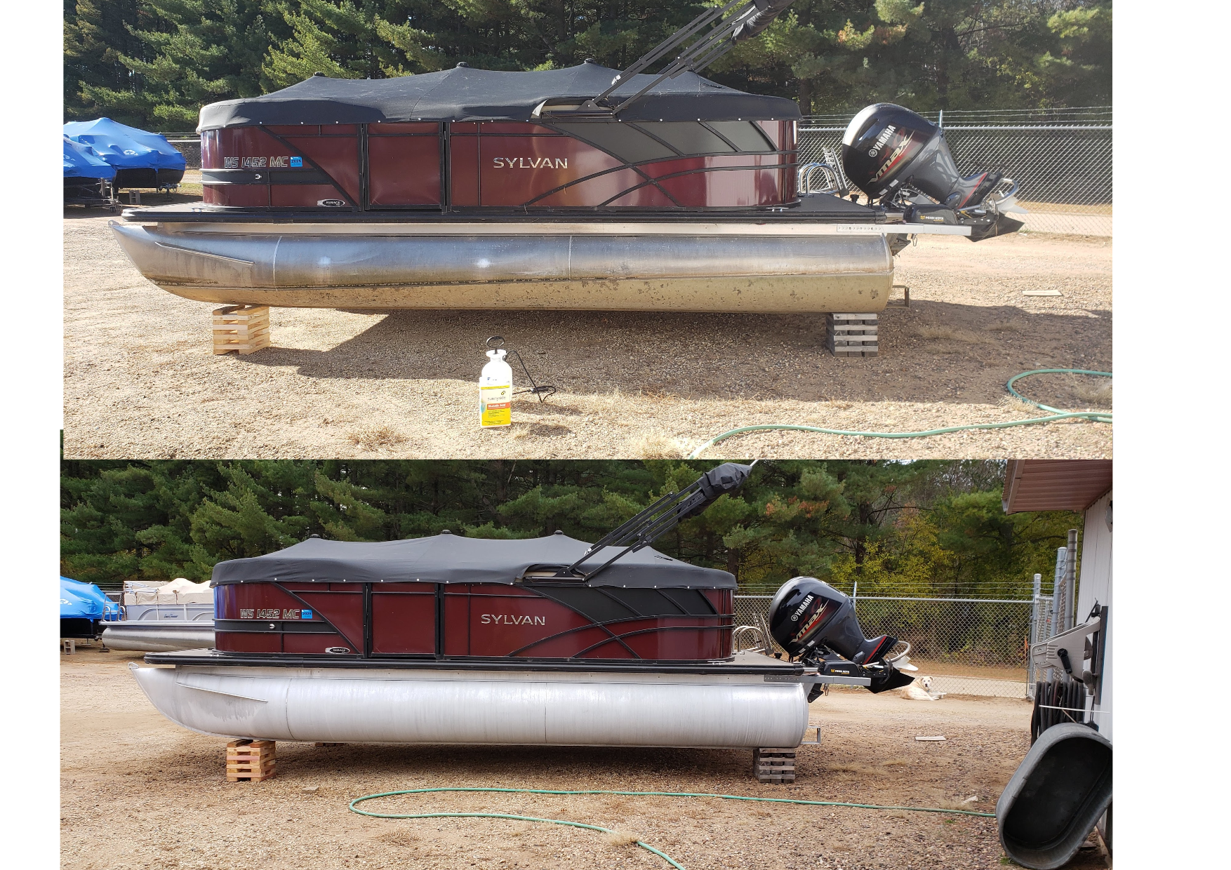 before and after pontoon cleaning on Lake Tainter near Eau Claire Wisconsin showing aluminum tube restoration and oxidation removal on Sylvan pontoon boat