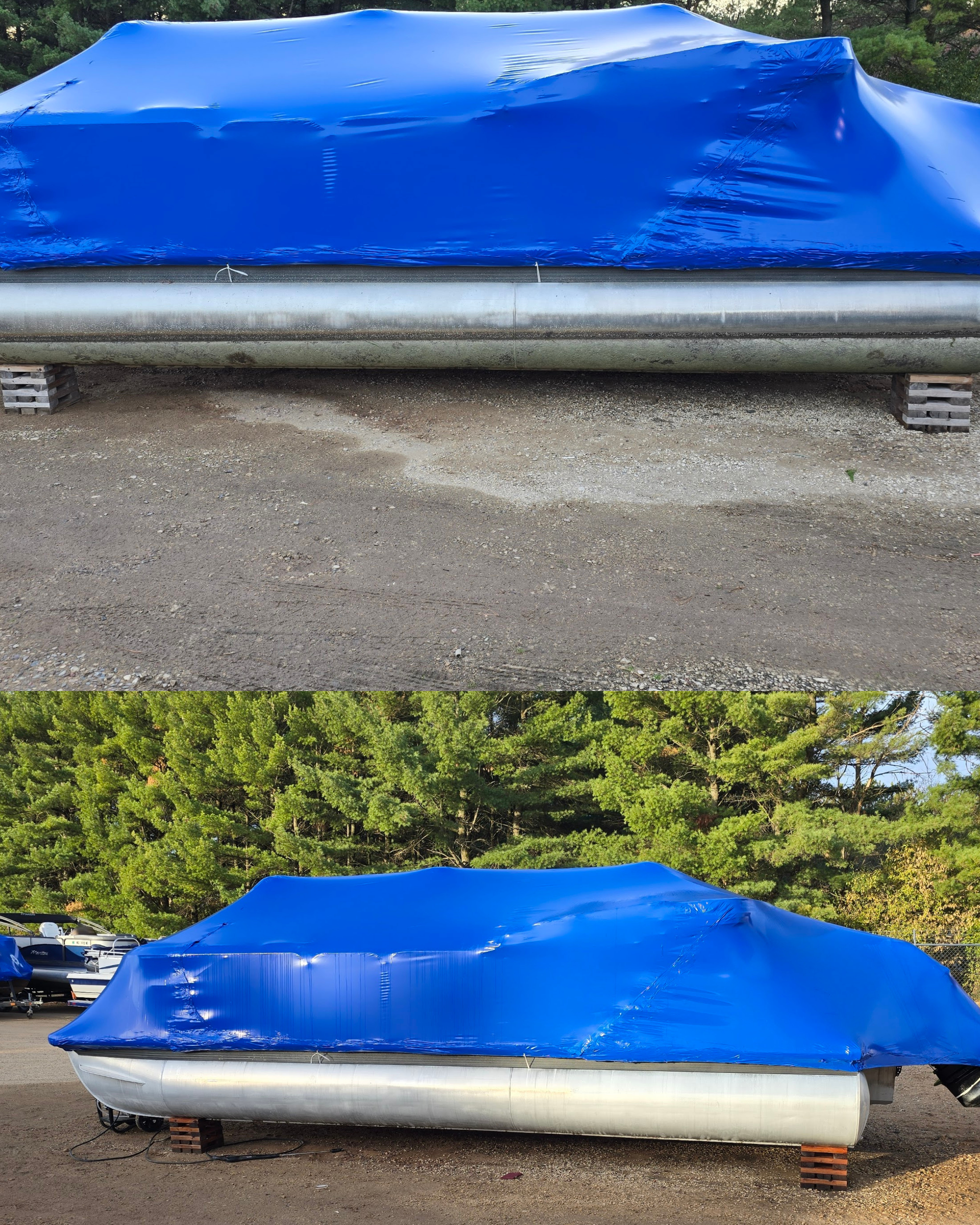 before and after pontoon log cleaning on Lake Tainter near Eau Claire Wisconsin showing removal of oxidation and staining from aluminum tubes
