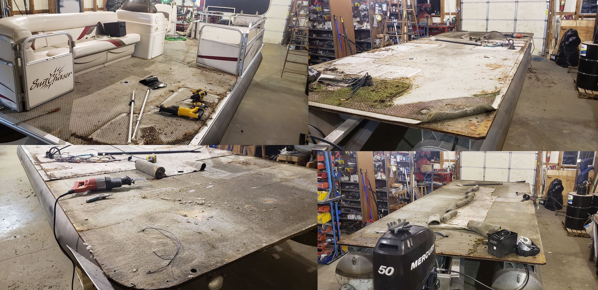 SunChaser pontoon boat interior with seating removed during flooring replacement Eau Claire Menomonie Wi