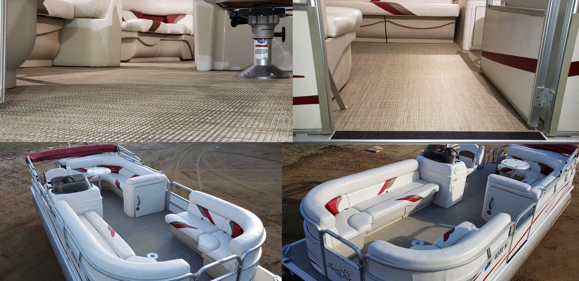 Completed pontoon boat interior restoration with new flooring installed by Anchor Marine Eau Claire and Menomonie Wi