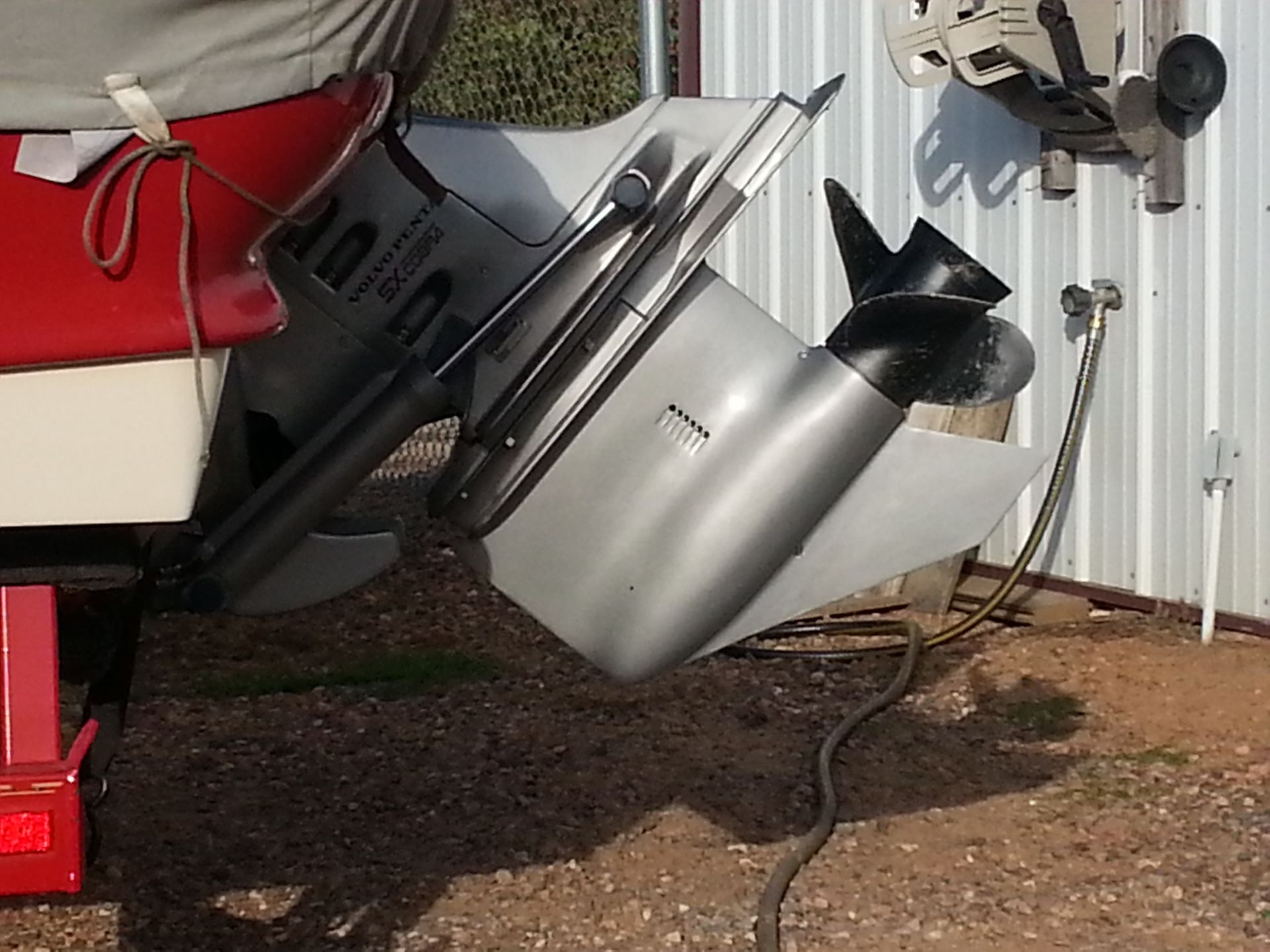 Volvo Penta SX Cobra sterndrive with repaired skeg welded and repainted after impact damage repair by Anchor Marine near Eau Claire and Menomonie Wisconsin

