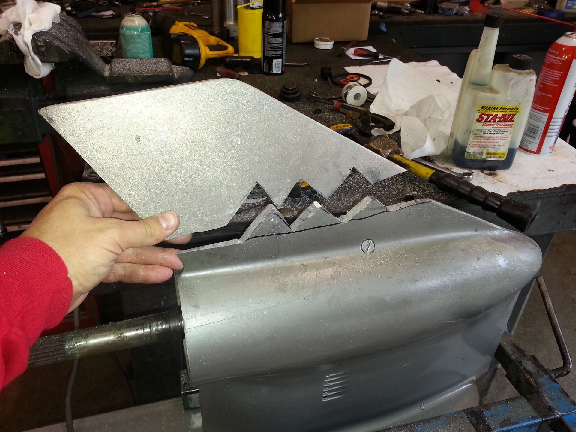 New skeg section being prepared for welding repair on a Volvo Penta sterndrive lower unit by Anchor Marine near Eau Claire and Menomonie Wisconsin