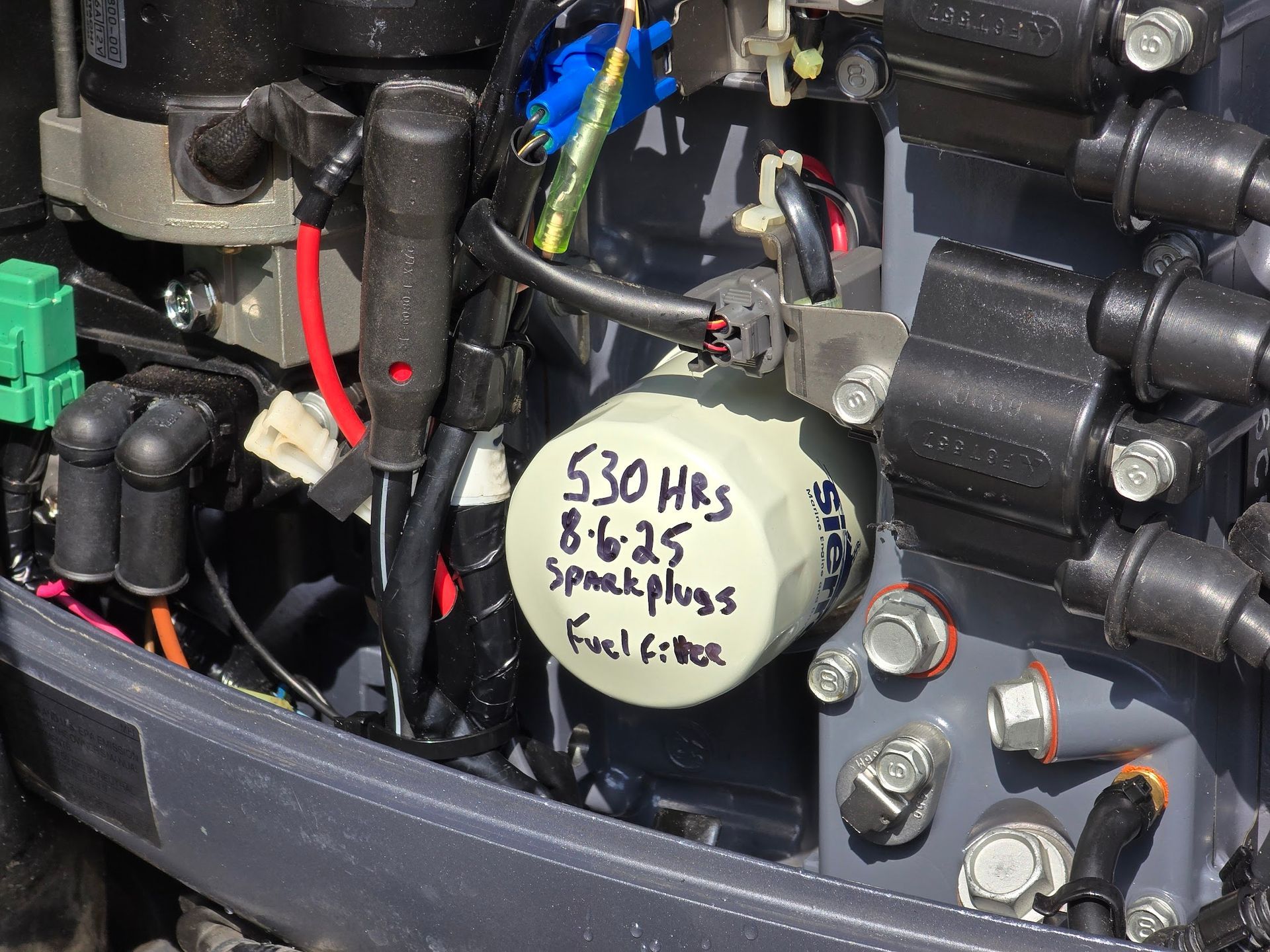 Close-up of Yamaha 50 HP outboard EFI engine fuel filter labeled after completing a 100 hour service including spark plug and fuel filter replacement at Anchor Marine boat repair shop in Menomonie Wisconsin serving the Eau Claire area