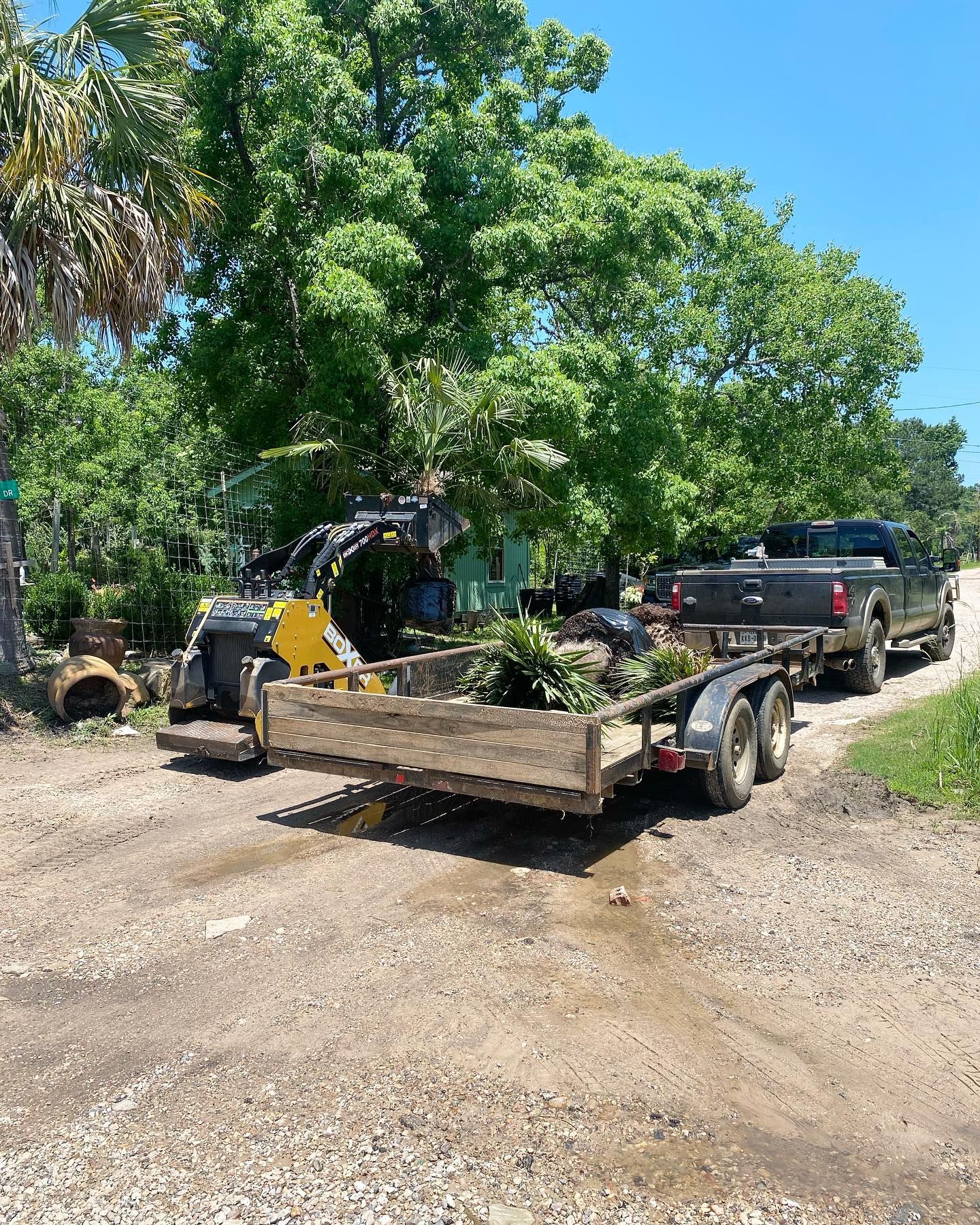 A pickup truck with a trailer and a small excavator removing overgrown greenery on a gravel road.