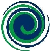 Blue, green, and white spiral logo on a white background